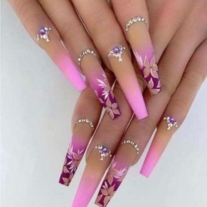 Pink and purple hue long coffin press on nails